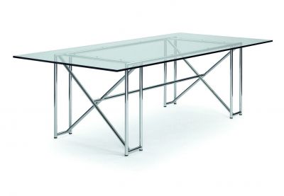 Double X Tisch von ClassiCon mit Glasplatte und verchromtem Stahlgestell. Moderner Esstisch.